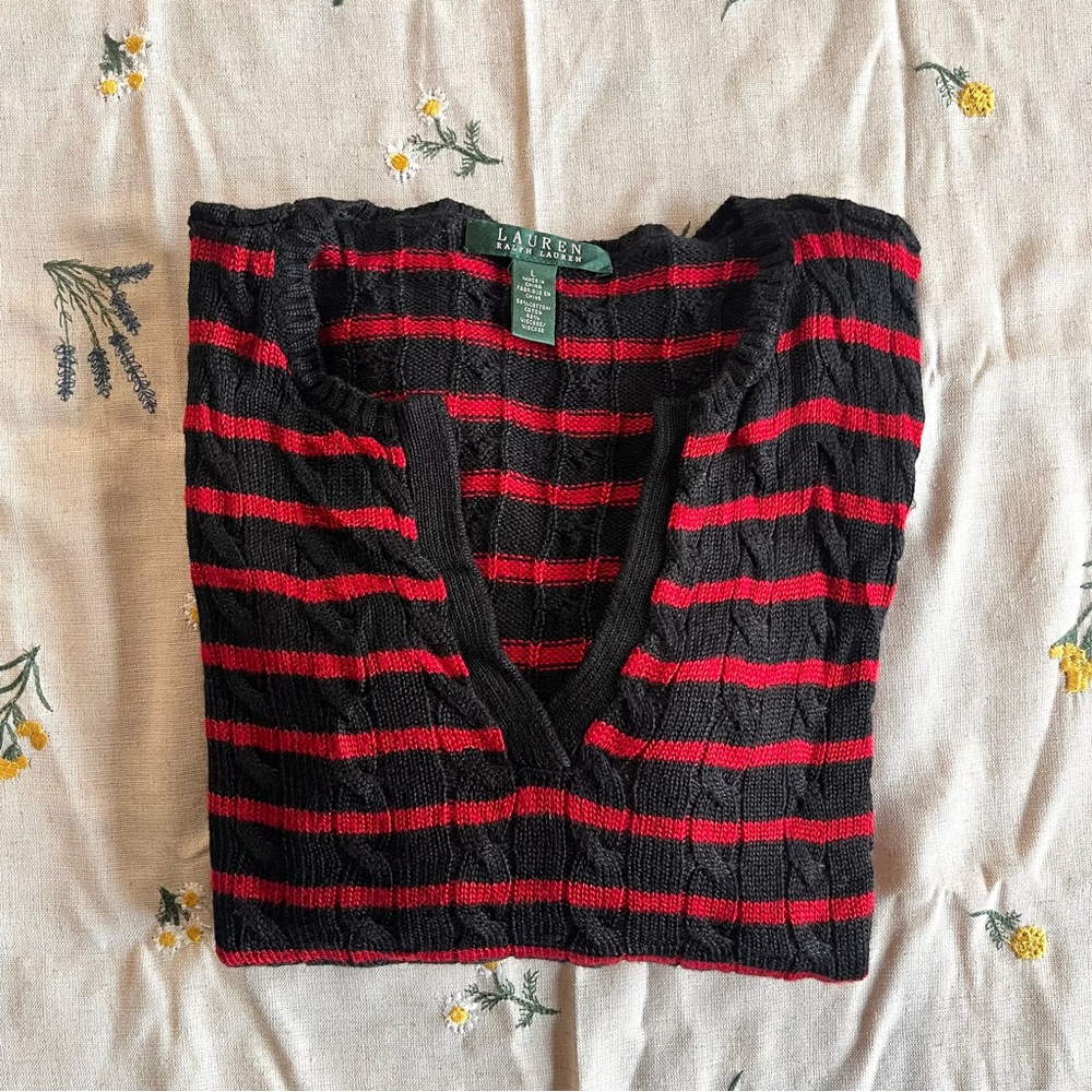 Lauren Ralph Lauren Cable Knit Pullover Red Black Striped V-neck Sweater Preppy